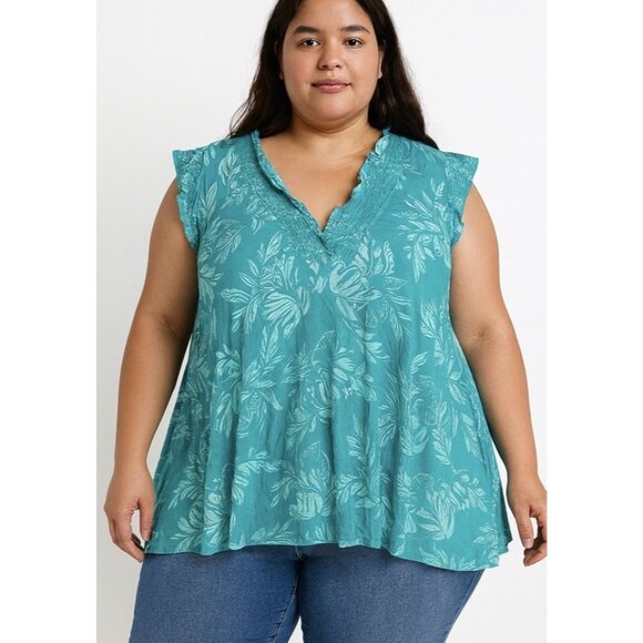 Crown & Ivy Turquoise Peasant Popover Blouse 3X NWT Tropical Vacation Cruise. Q - Picture 1 of 8